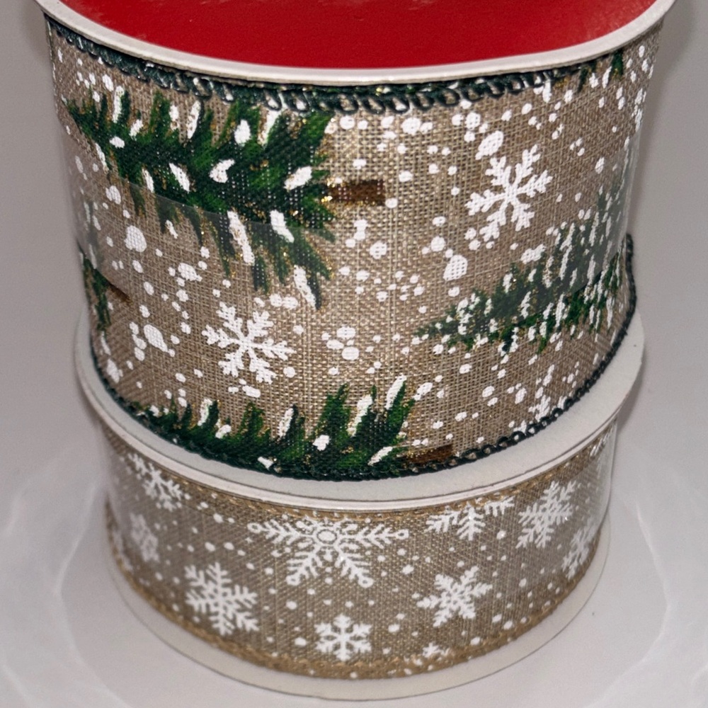 Holiday Burlap Ribbon with White Snowflake and Green Pine Accents Wired Rustic